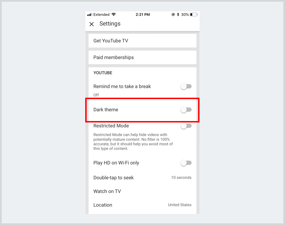 turn on youtube dark mode iphone ipad