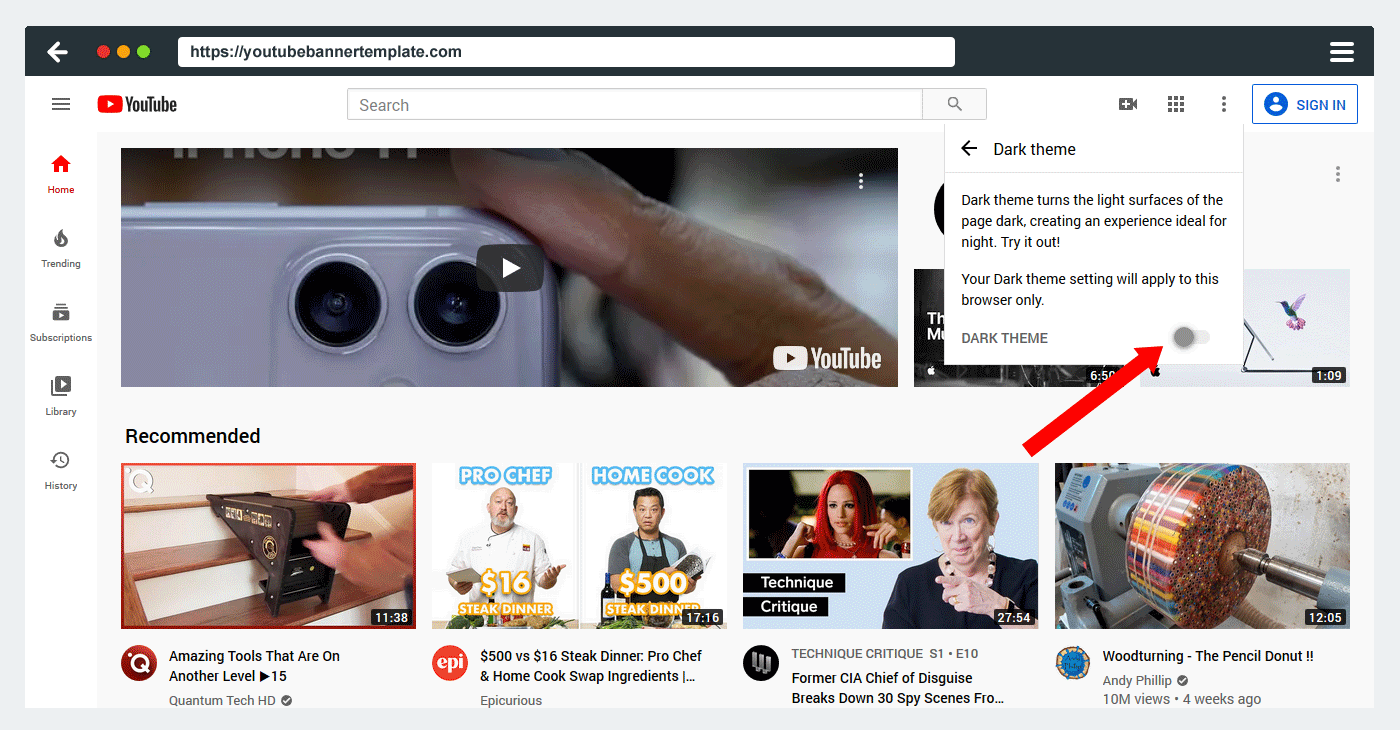 turn on youtube dark mode