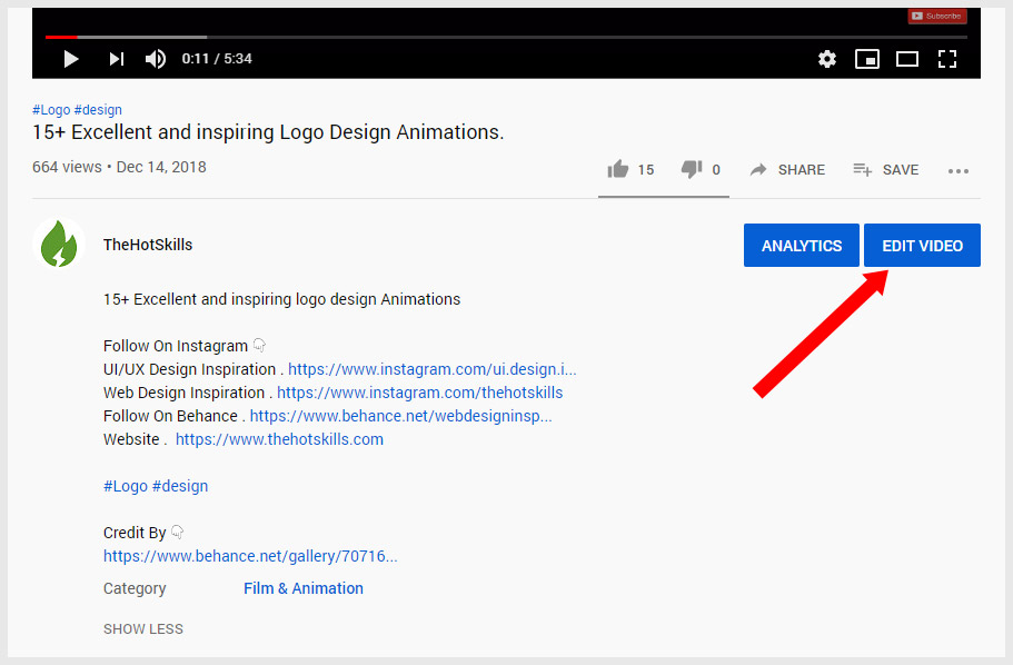 Edit YouTube video button