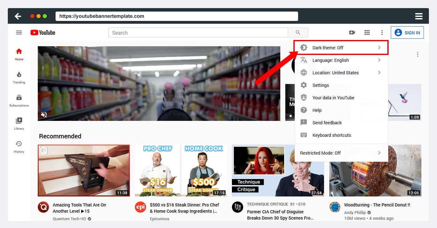 youtube dark theme option